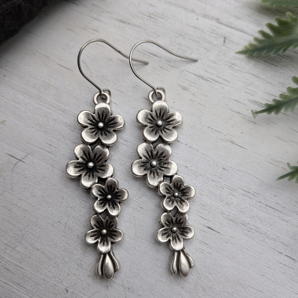 Sterling Silver Floral Drop Earrings - Silver Flower Dangle Earrings - Picture 3 of 5